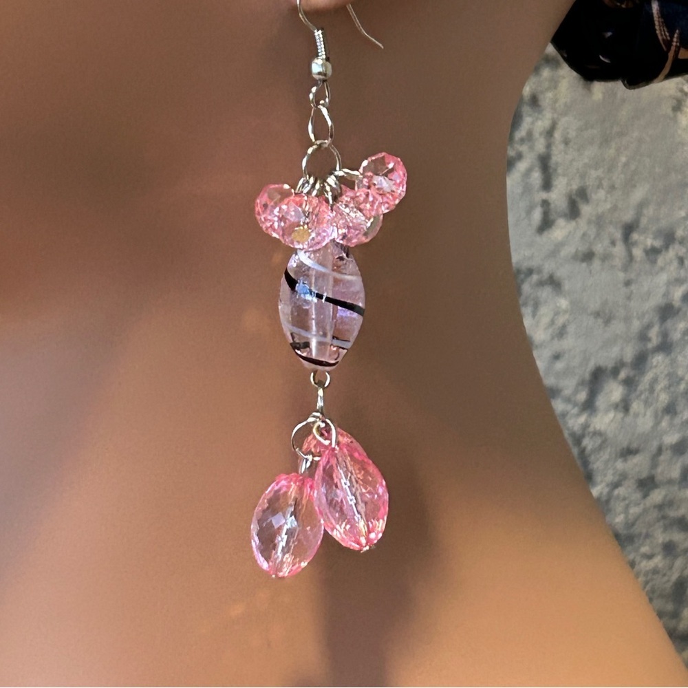Artisan Pink Glass Drop Cluster Earrings - Picture 2 of 5
